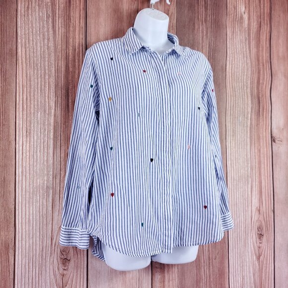Rails Taylor Blue White Striped Shirt Womens Medium Rainbow Embroidered Hearts - Picture 5 of 15